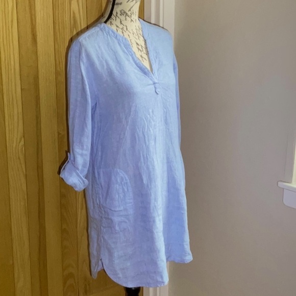 Tahari Blue Linen Tunic Dress. Beach Cover up, Shirt Dress, With Pockets! Small - Picture 4 of 14